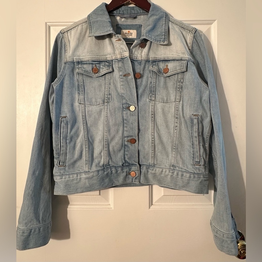 MARINE LAYER S Chore Workwear Two Tone Trucker Denim Jacket Light Cotton Stretch
